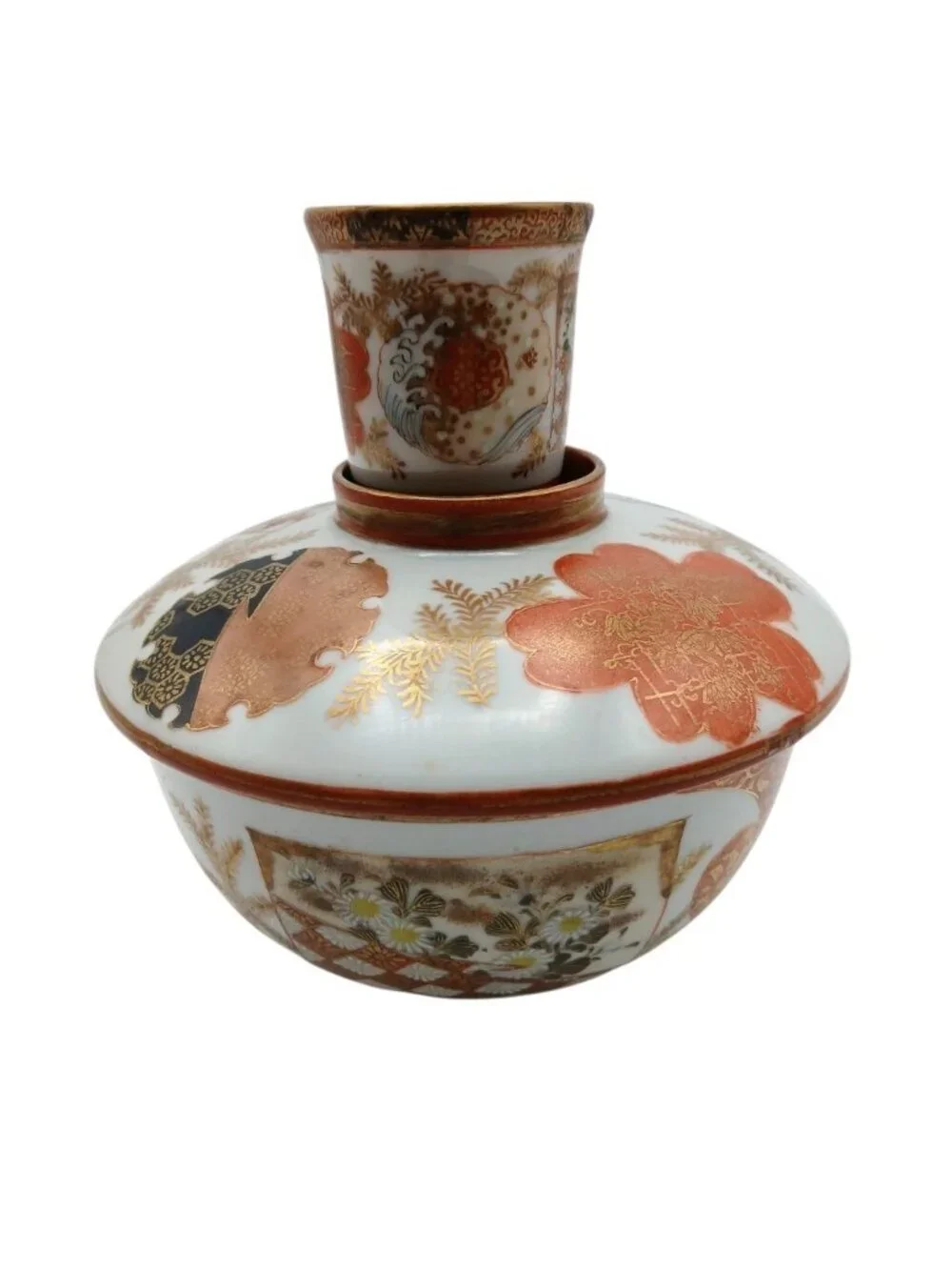 Japanese Kutani Porcelain Lidded Bottle Vase with Cup Meiji Era Gilt Signed
